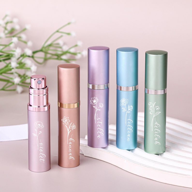 Custom Flower Perfume Atomiser | Engraved Perfume bottle | Floral Bridal Gift Travel Gift |  Party Favor | Wedding Favor | Bridesmaid gift