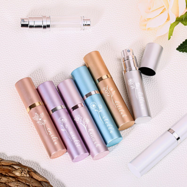 Custom Flower Perfume Atomiser | Engraved Perfume bottle | Floral Bridal Gift Travel Gift |  Party Favor | Wedding Favor | Bridesmaid gift